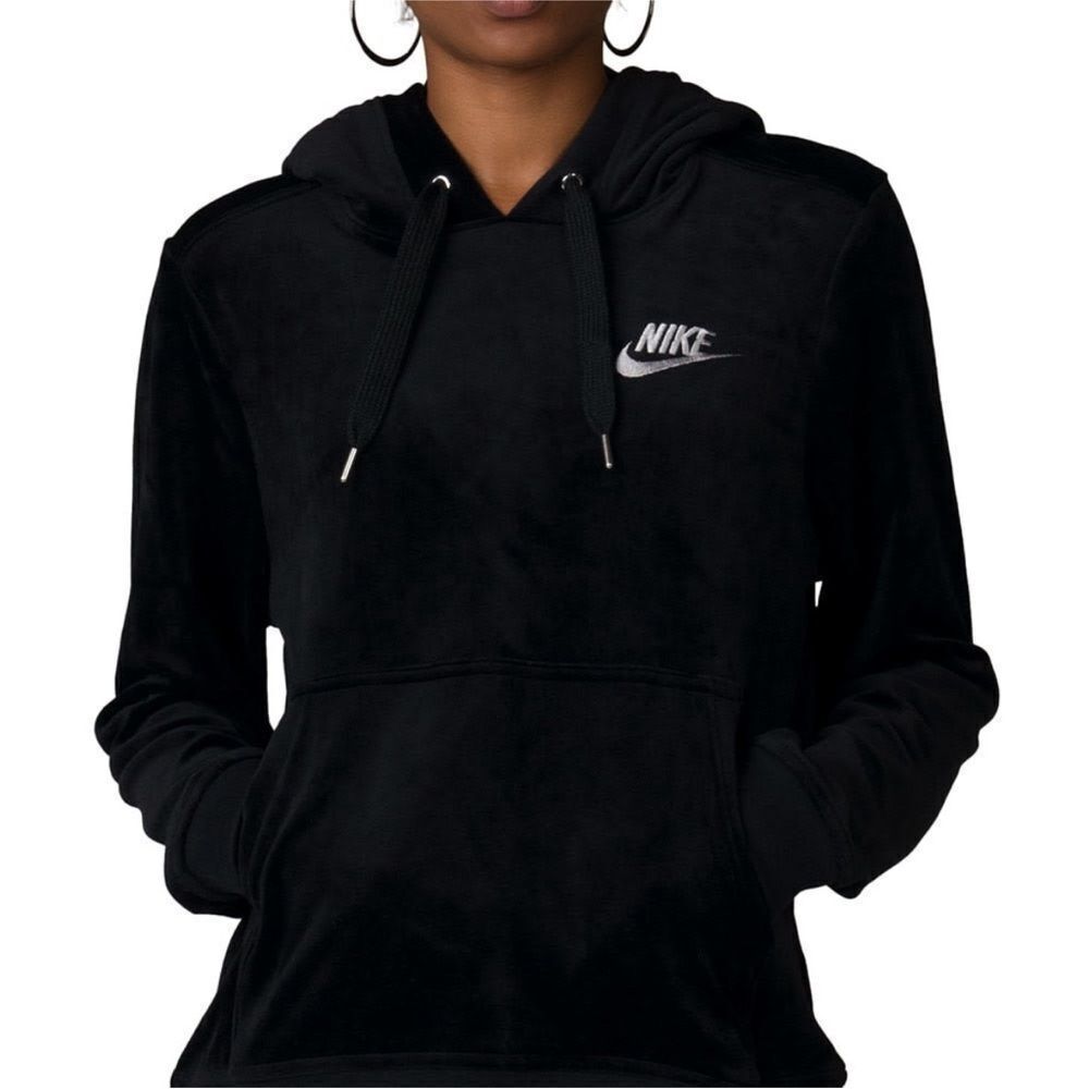 NIKE | Black Velour Hoodie Pullover Sweatshirt White Branded Women’s Size M Tall